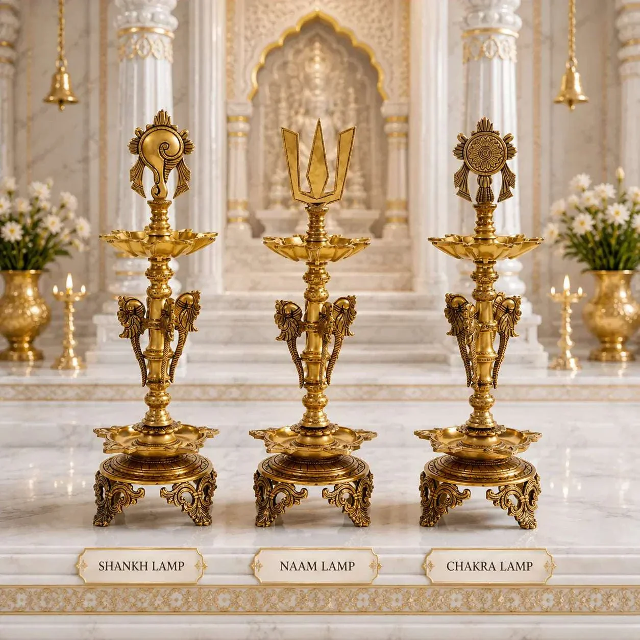 Brass Shankh Chakra And Namah Lamp Set (21 Inch) - Image 3