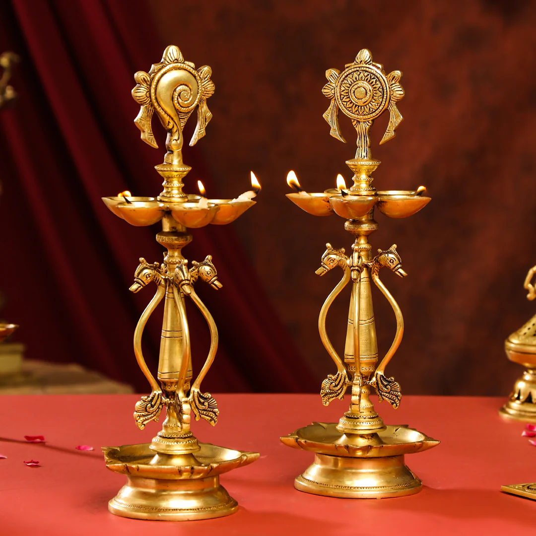 Brass Shankh Chakra Diya/Lamp Set (15.5 Inch) - Image 2