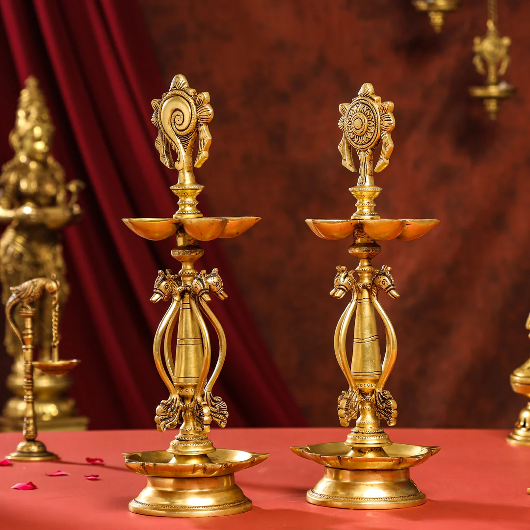 Brass Shankh Chakra Diya/Lamp Set (15.5 Inch) - Image 3