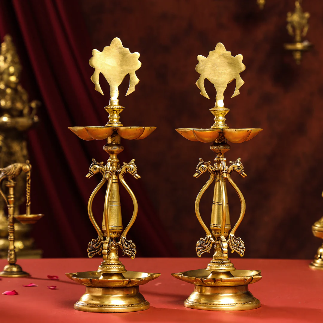 Brass Shankh Chakra Diya/Lamp Set (15.5 Inch) - Image 4