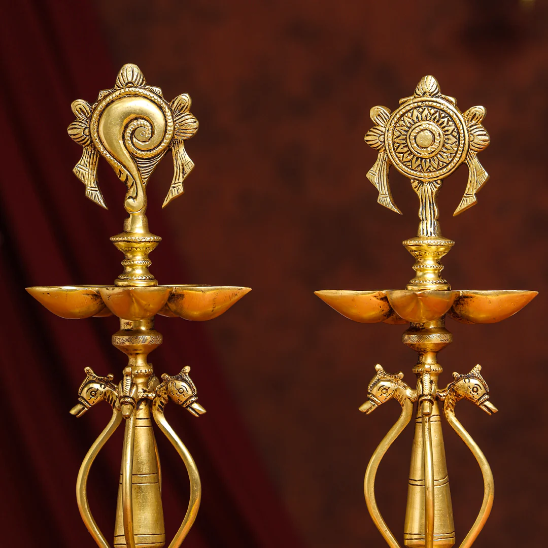 Brass Shankh Chakra Diya/Lamp Set (15.5 Inch) - Image 5