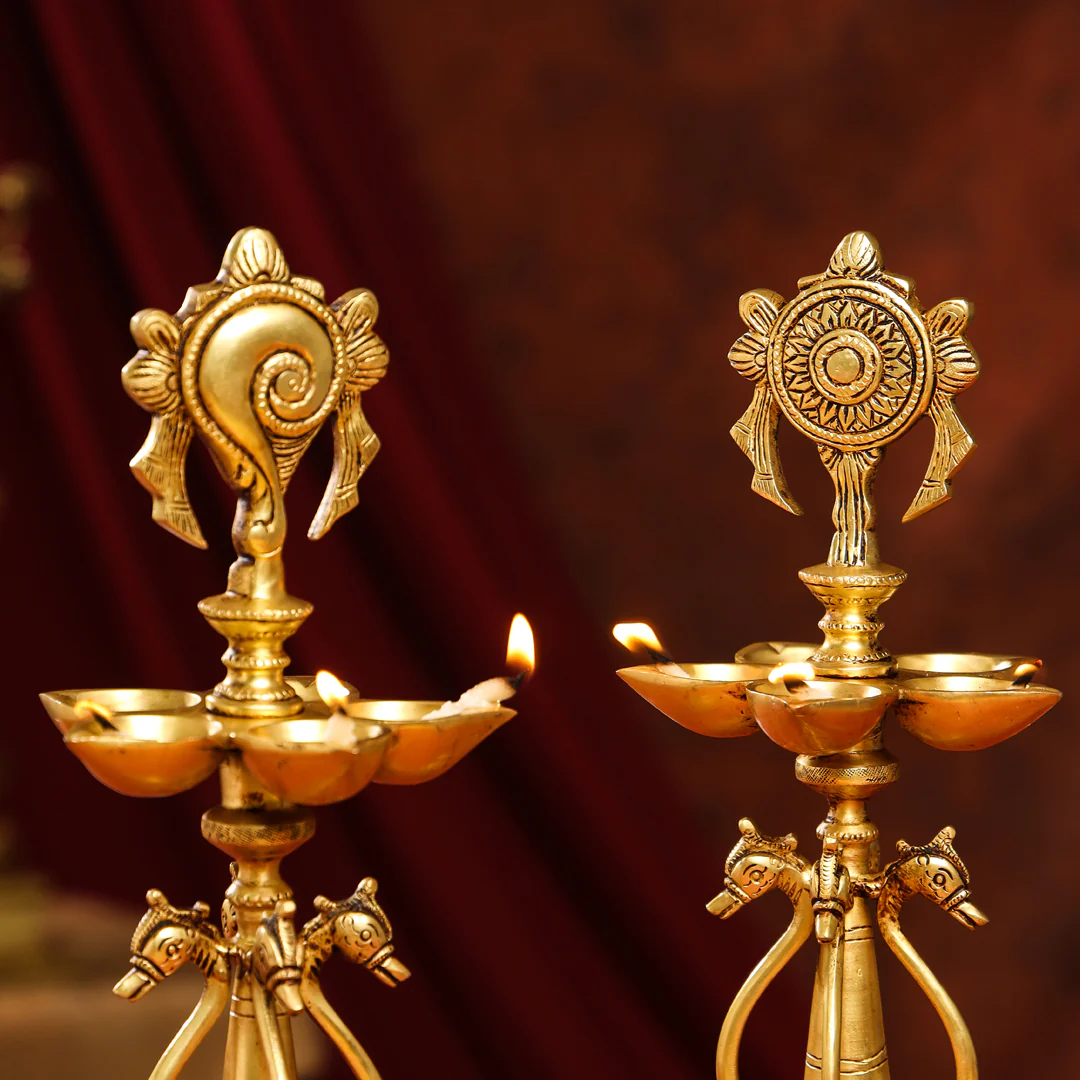 Brass Shankh Chakra Diya/Lamp Set (15.5 Inch) - Image 8