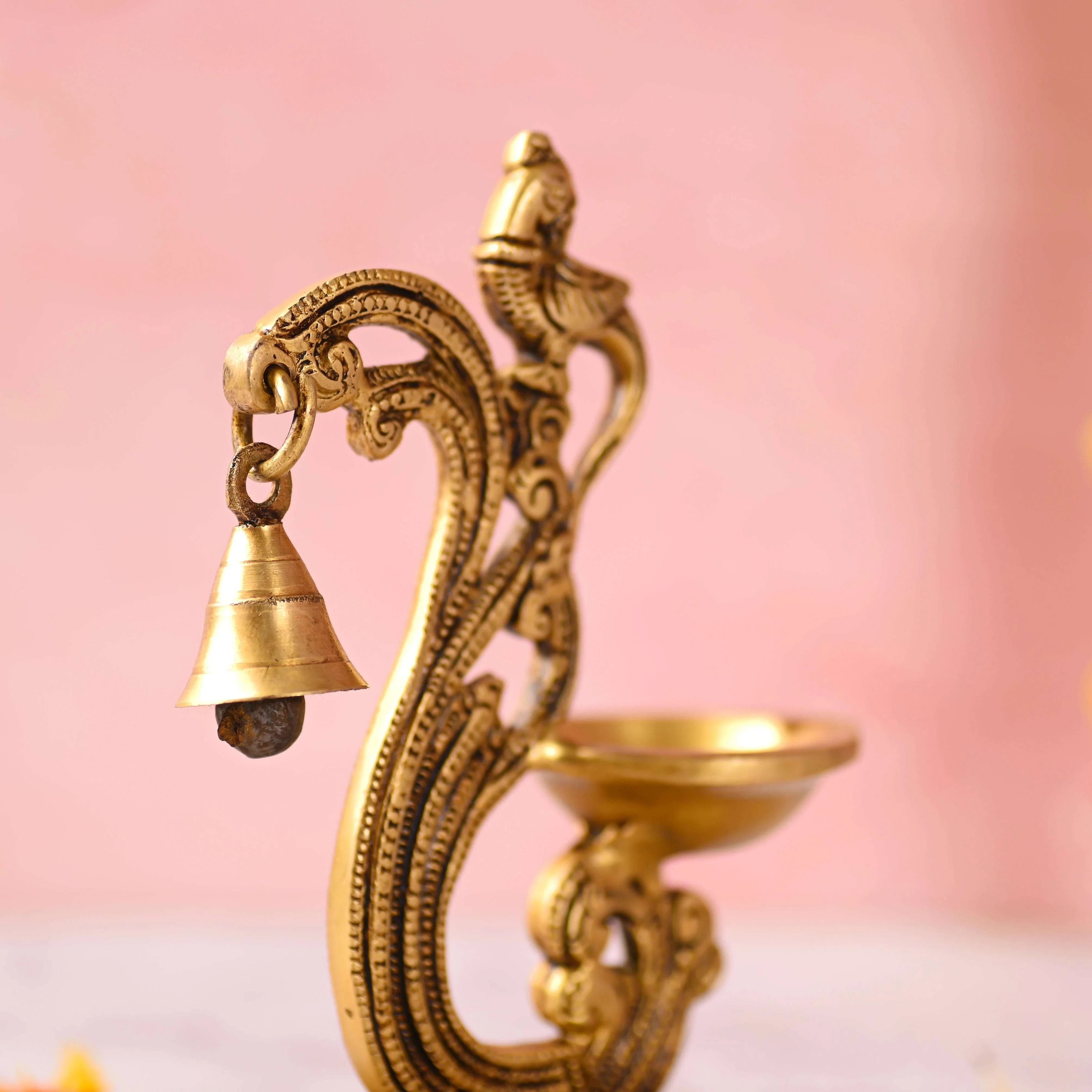 Brass Ethnic Peacock Diya With Hanging bell (7 Inch) - Image 5