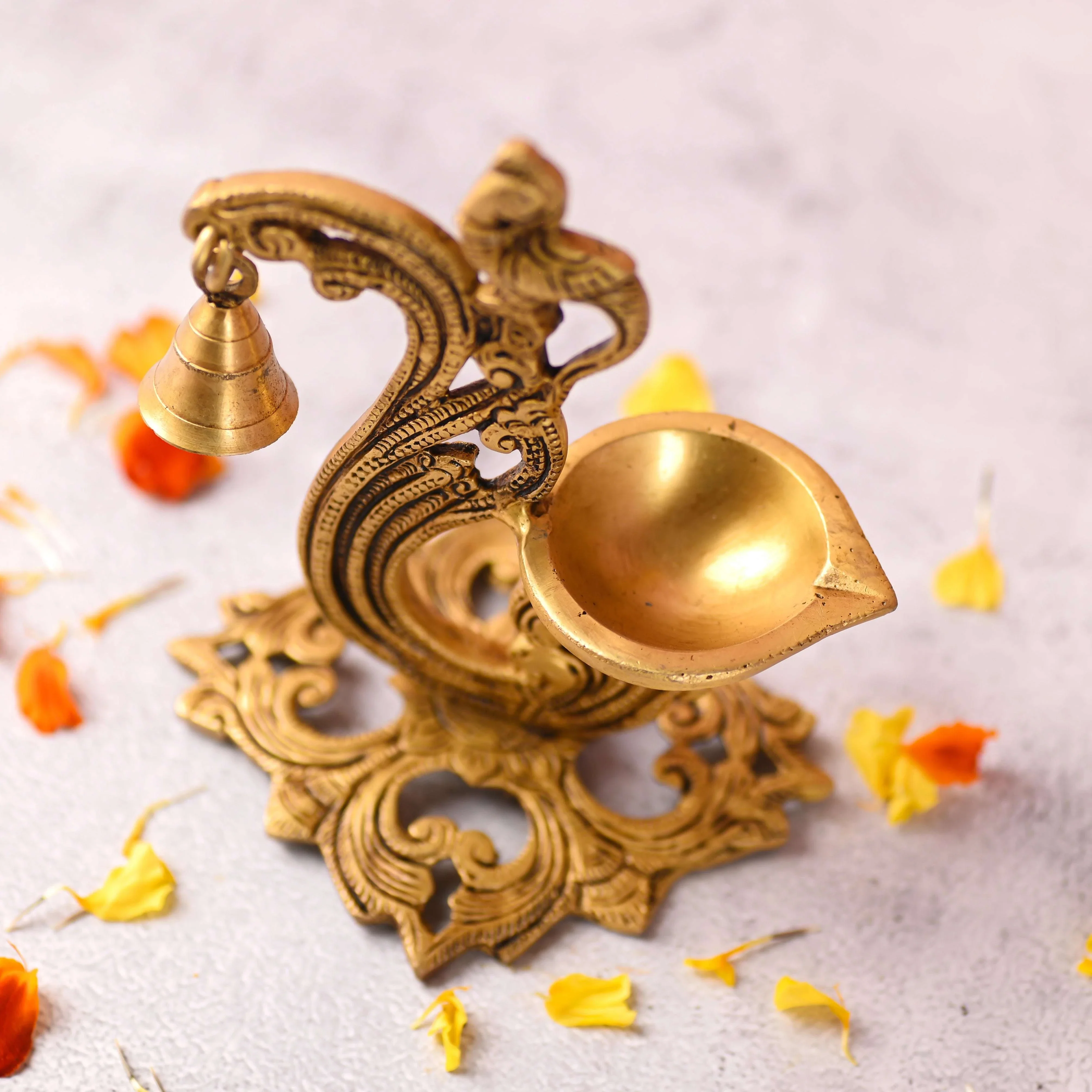 Brass Ethnic Peacock Diya With Hanging bell (7 Inch) - Image 6