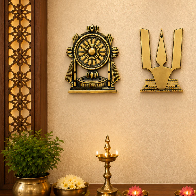 Brass Shankh Chakra Namah Wall Hanging Set (9.5 Inch) - Image 2