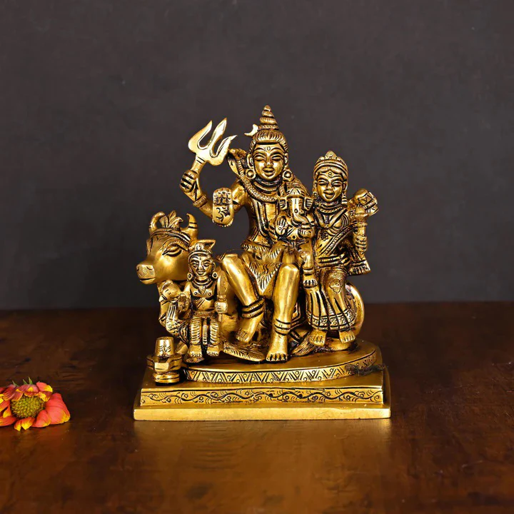 Brass Shiva Family Statue Sitting on Nandi (6 Inch)