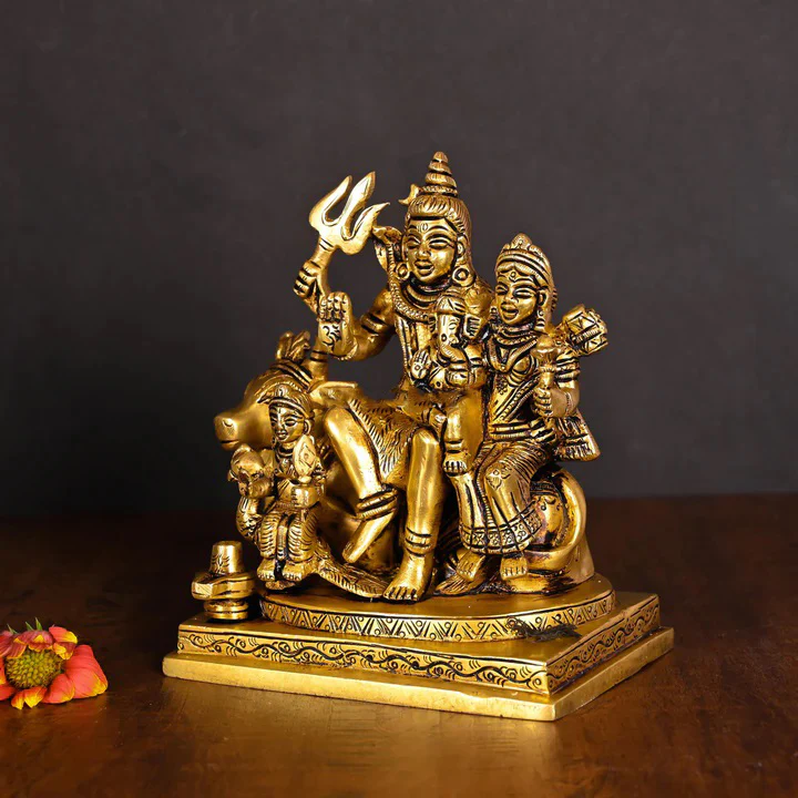Brass Shiva Family Statue Sitting on Nandi (6 Inch) - Image 2