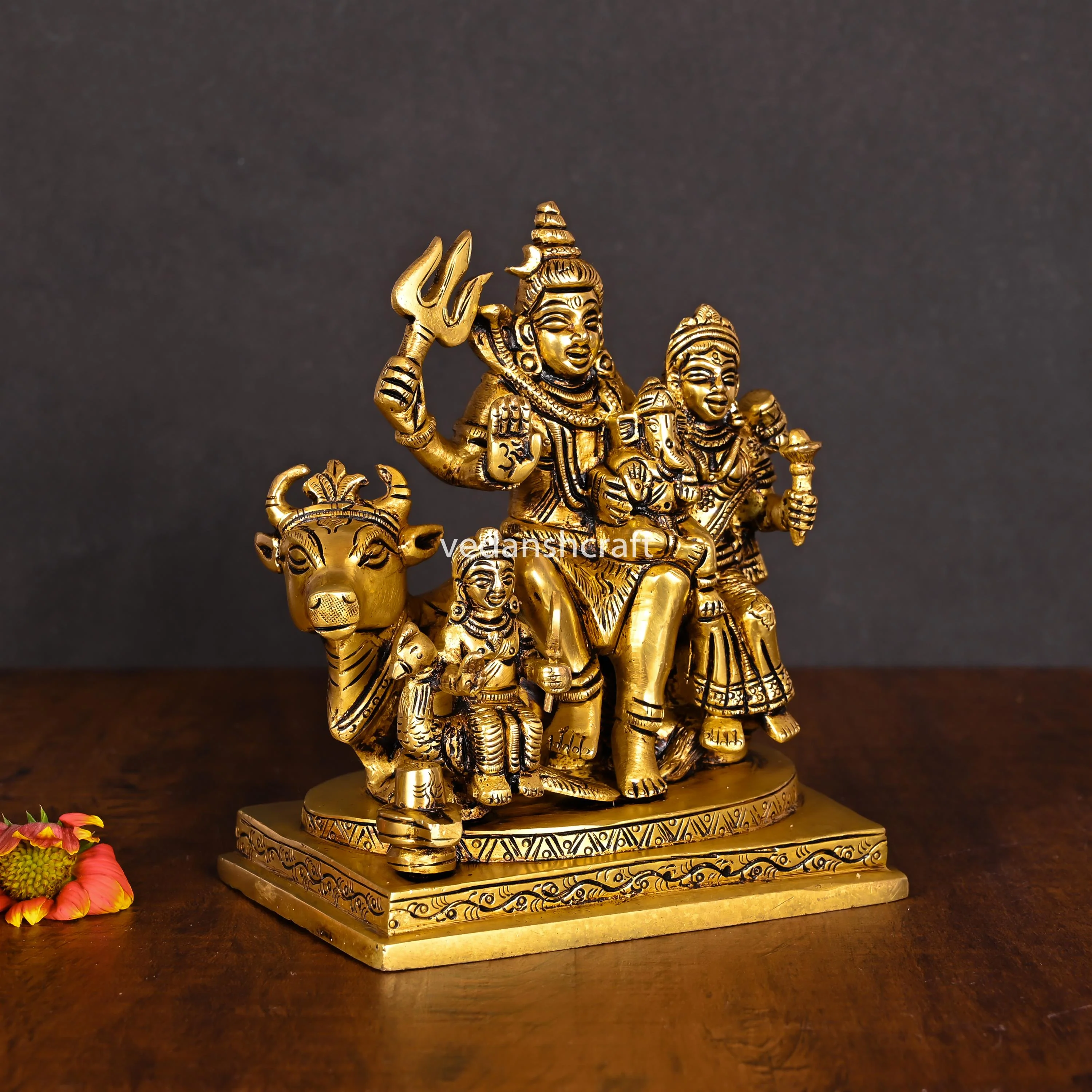 Brass Shiva Family Statue Sitting on Nandi (6 Inch) - Image 4