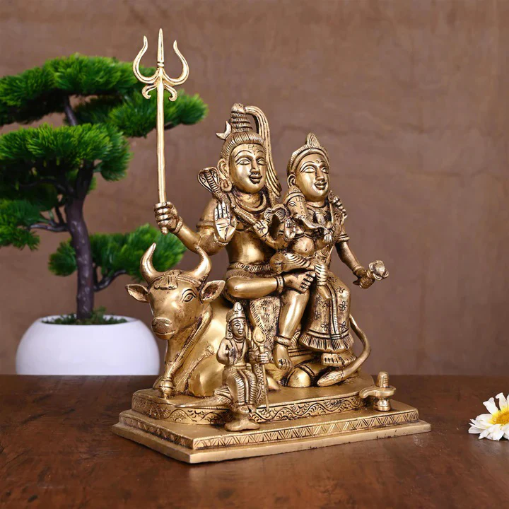 Brass Shiva Family Statue Sitting on Nandi (10.5 Inch) - Image 2