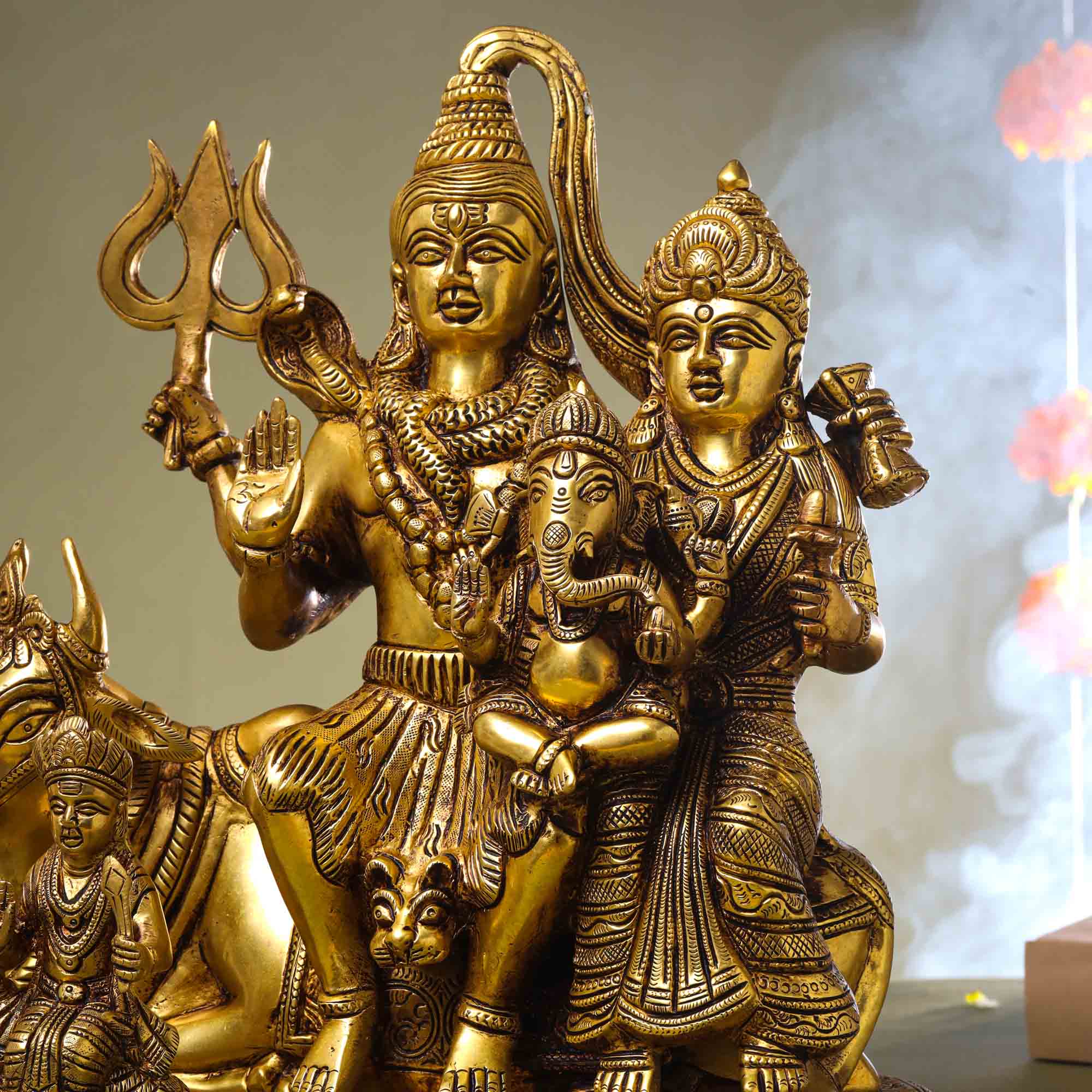 Brass Shiva Family Statue Sitting on Nandi (14 Inch) - Image 2
