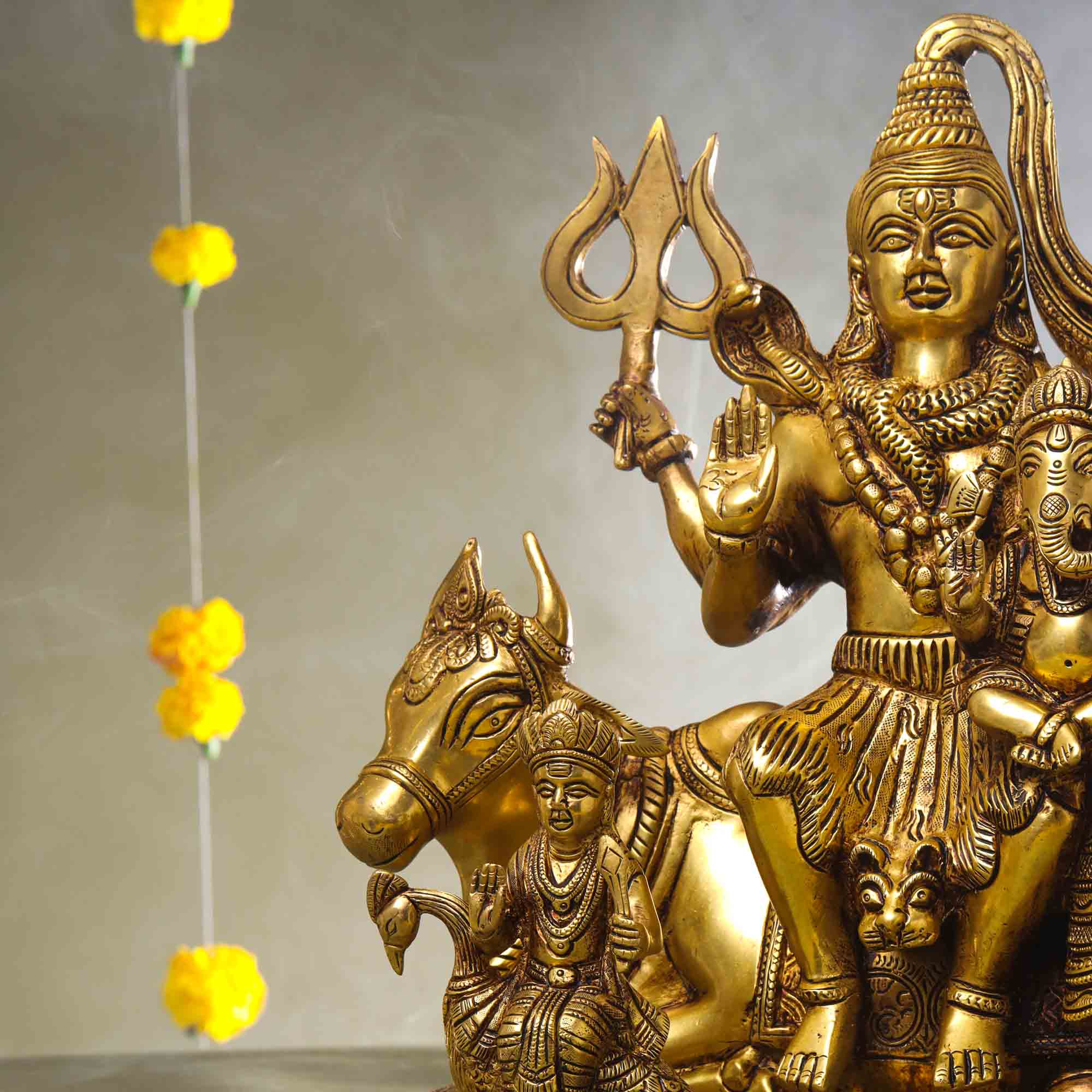 Brass Shiva Family Statue Sitting on Nandi (14 Inch) - Image 3