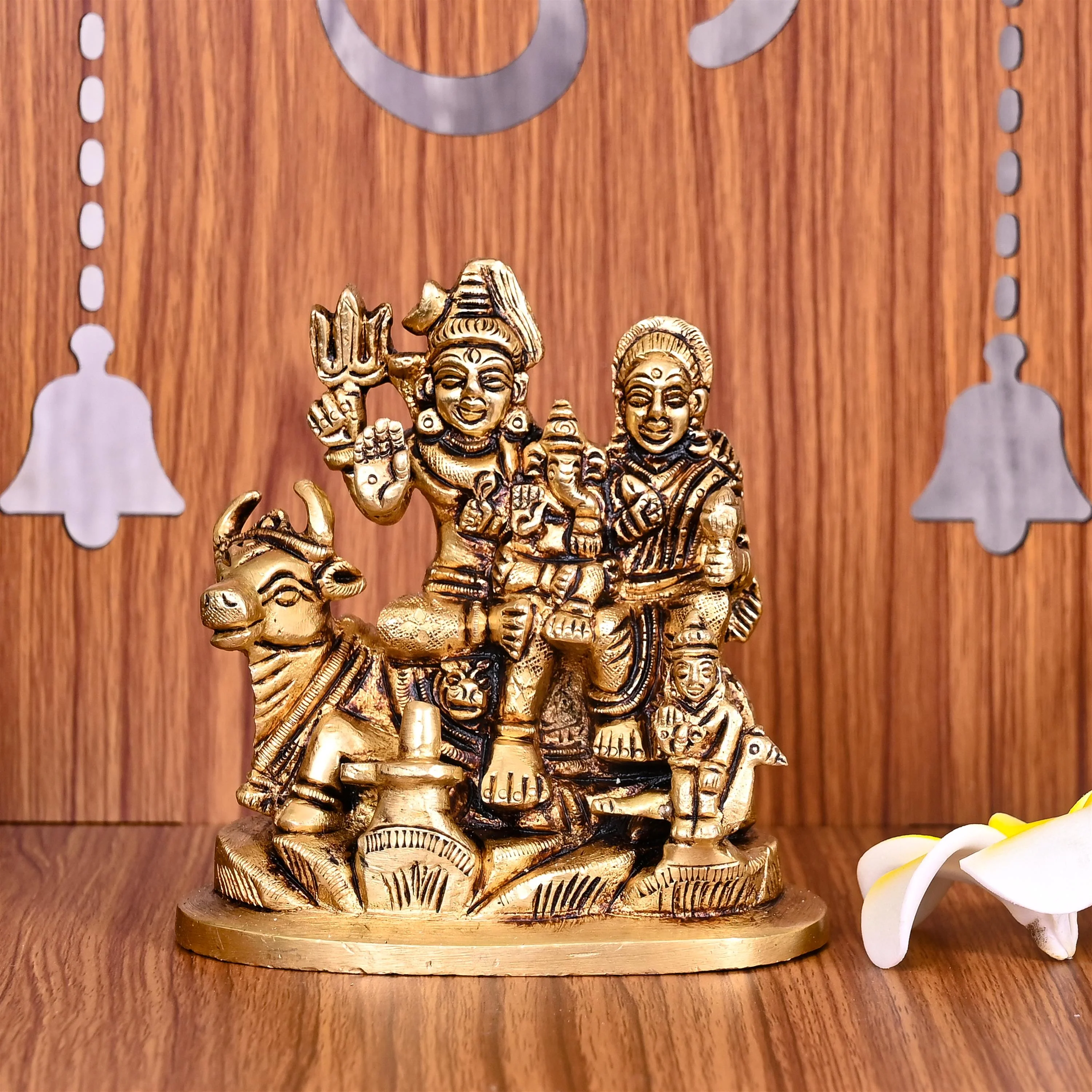 Brass Shiva Family Statue Sitting on Nandi (4.2 Inch)
