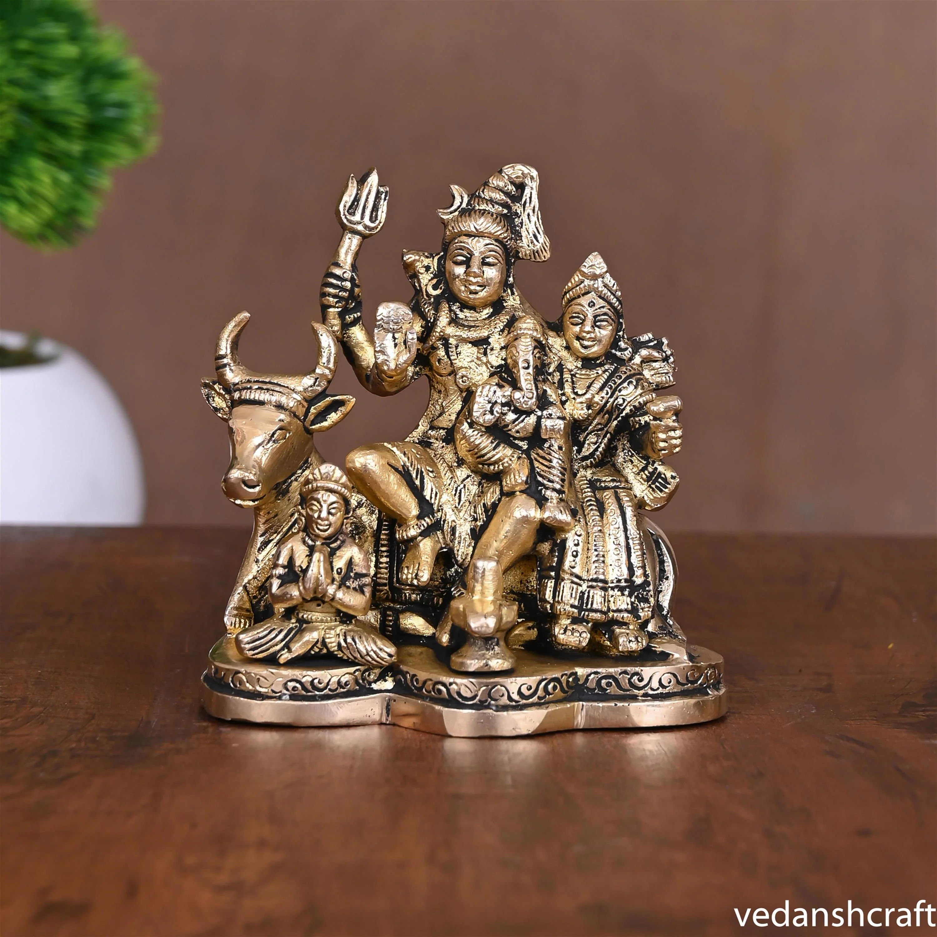Brass Shiva Family Statue Sitting on Nandi (4.5 Inch)