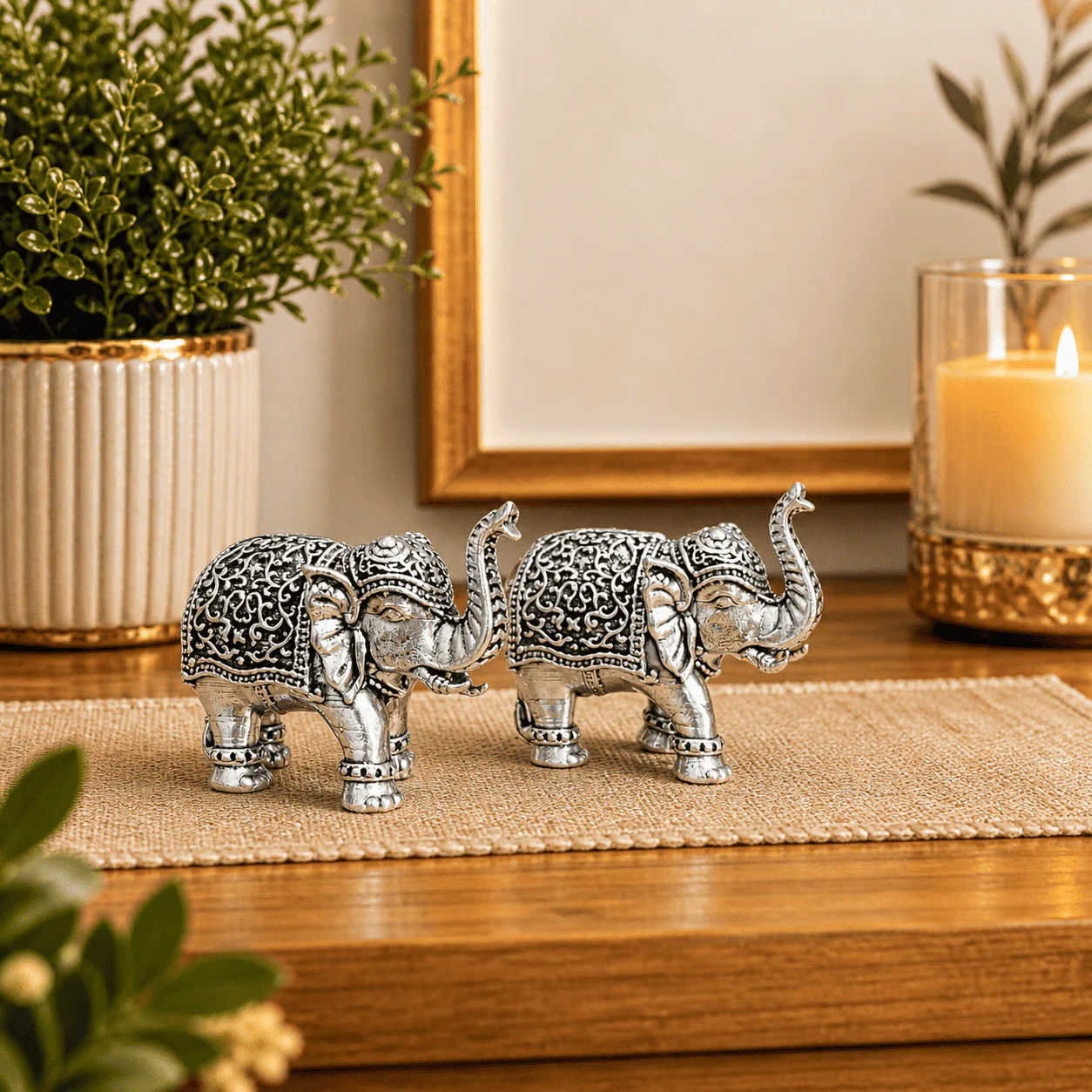 Brass Silver Plated Lightweight Elephant Lightweight Statue Pair (1.8 Inch)