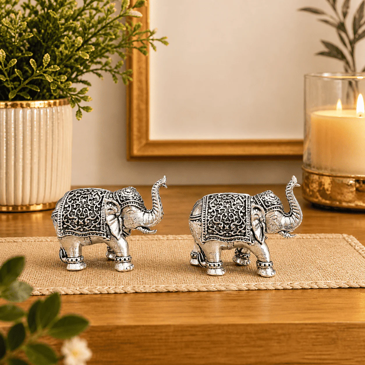 Brass Silver Plated Lightweight Elephant Lightweight Statue Pair (1.8 Inch) - Image 2