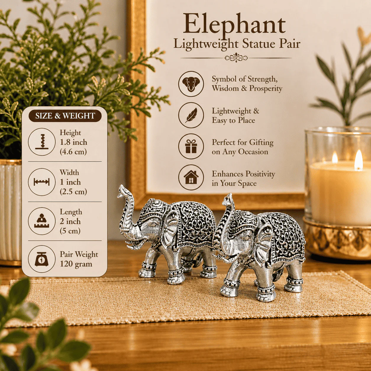 Brass Silver Plated Lightweight Elephant Lightweight Statue Pair (1.8 Inch) - Image 3