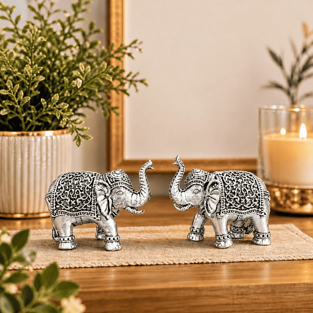 Brass Silver Plated Lightweight Elephant Lightweight Statue Pair (1.8 Inch) - Image 4