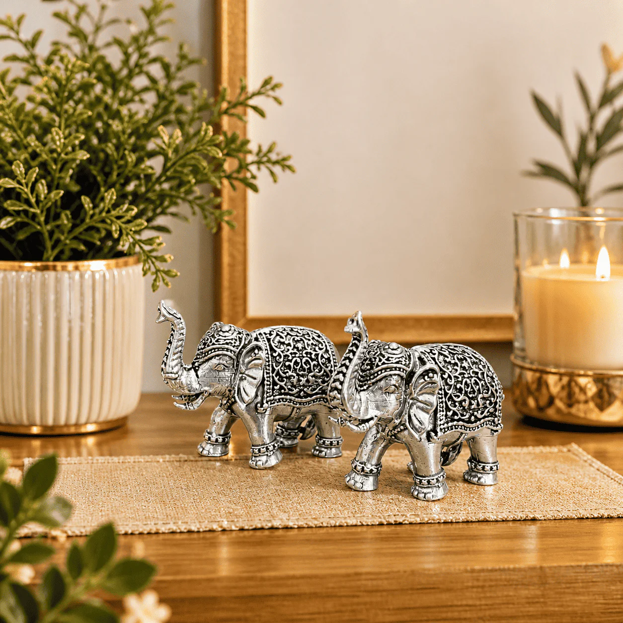Brass Silver Plated Lightweight Elephant Lightweight Statue Pair (1.8 Inch) - Image 5