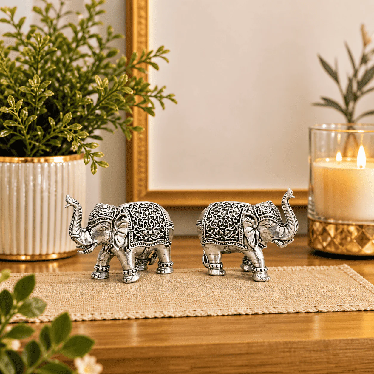 Brass Silver Plated Lightweight Elephant Lightweight Statue Pair (1.8 Inch) - Image 6