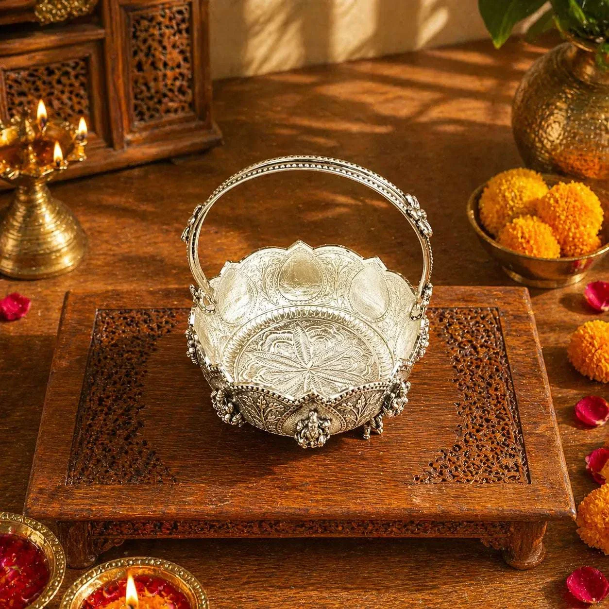 Brass Silver Plated Ashtalakshmi Basket With Handle And Leg (5 Inch) - Image 2