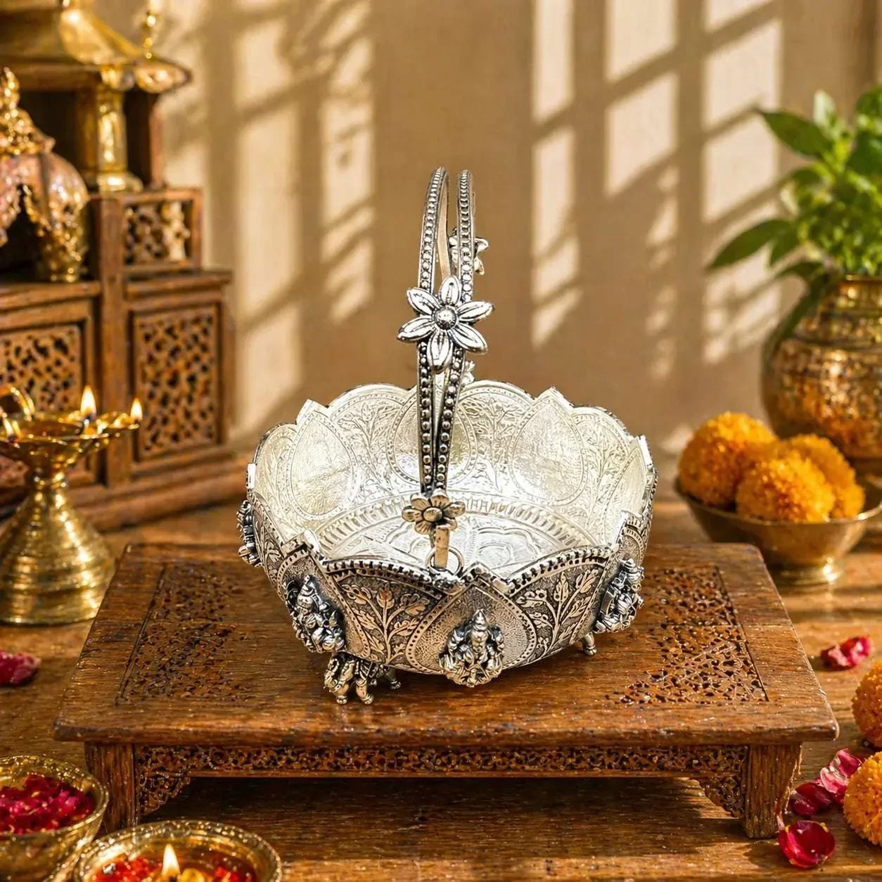 Brass Silver Plated Ashtalakshmi Basket With Handle And Leg (5 Inch) - Image 3
