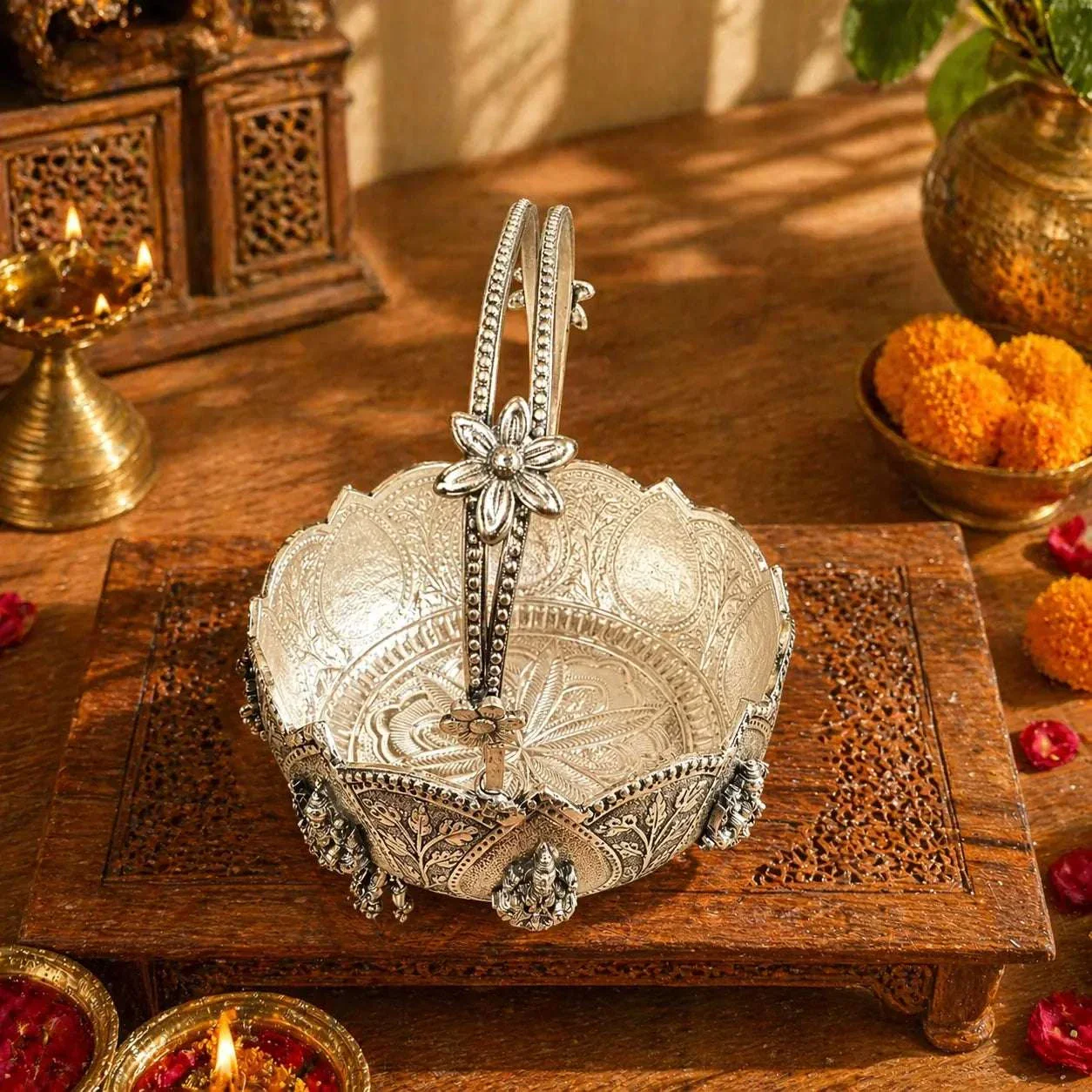 Brass Silver Plated Ashtalakshmi Basket With Handle And Leg (5 Inch) - Image 4