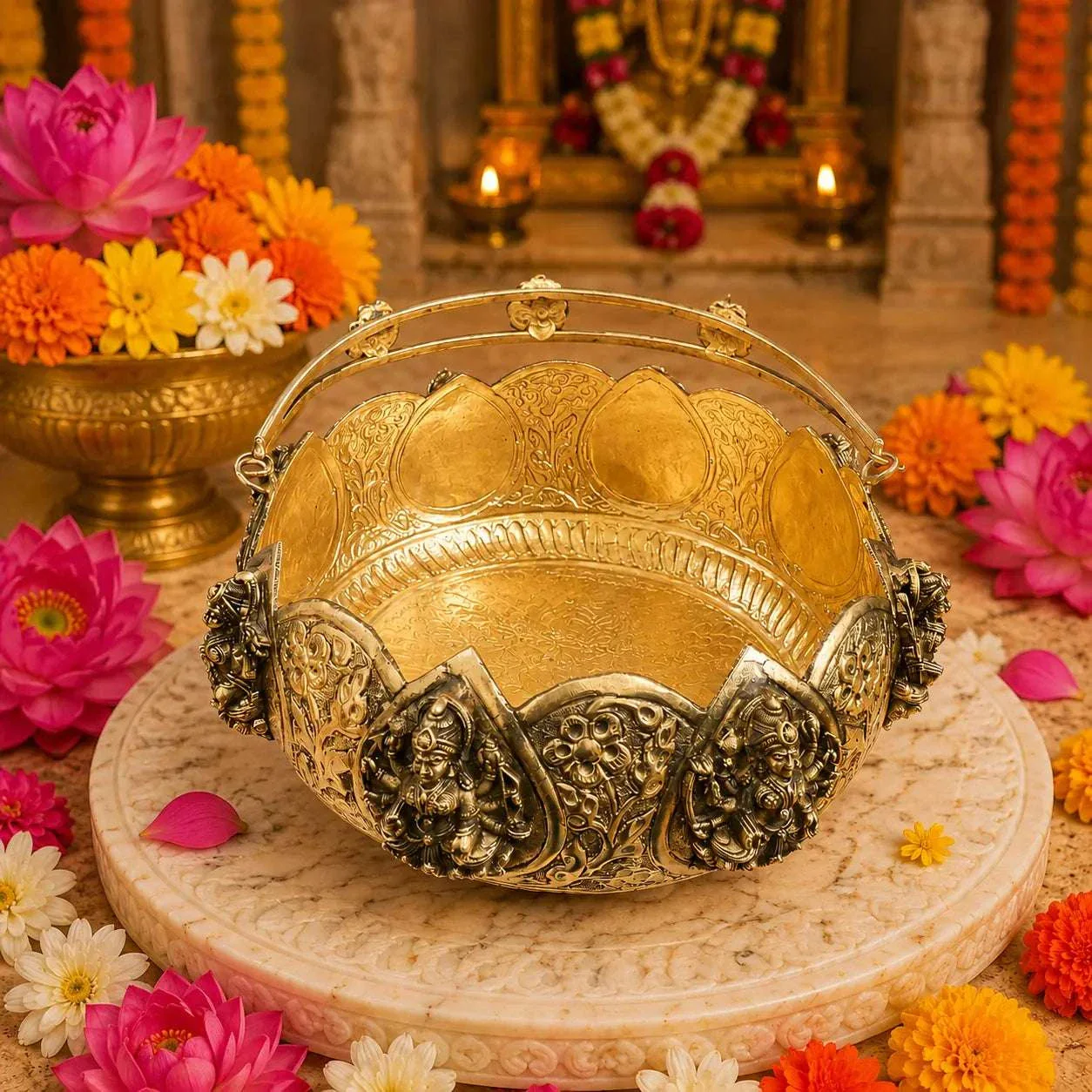 Brass Silver Plated Ashtalakshmi Basket With Handle And Leg (5 Inch) - Image 9