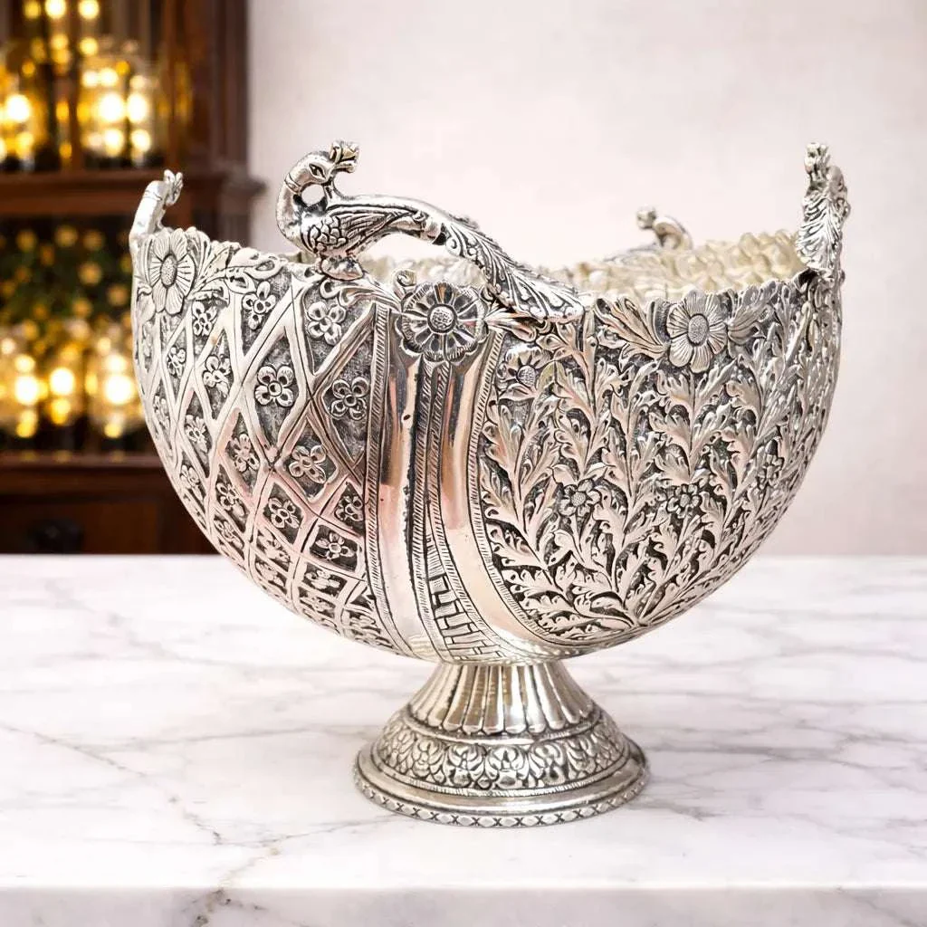 Brass Silver Plated Decorative Basket with Floral Design (10 Inch) - Image 3