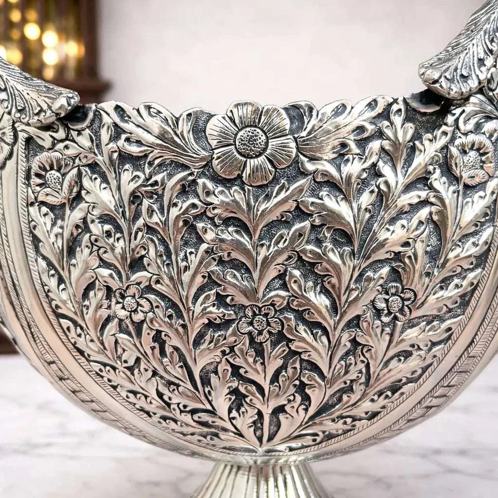 Brass Silver Plated Decorative Basket with Floral Design (10 Inch) - Image 4