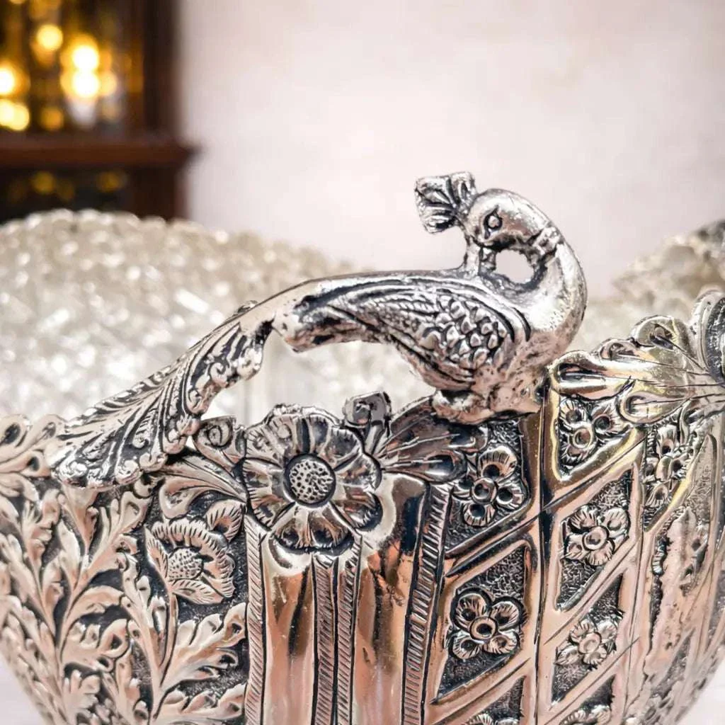 Brass Silver Plated Decorative Basket with Floral Design (10 Inch) - Image 5
