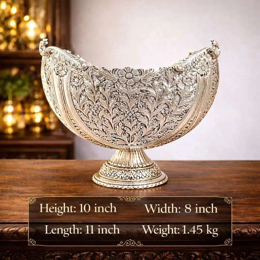Brass Silver Plated Decorative Basket with Floral Design (10 Inch) - Image 7