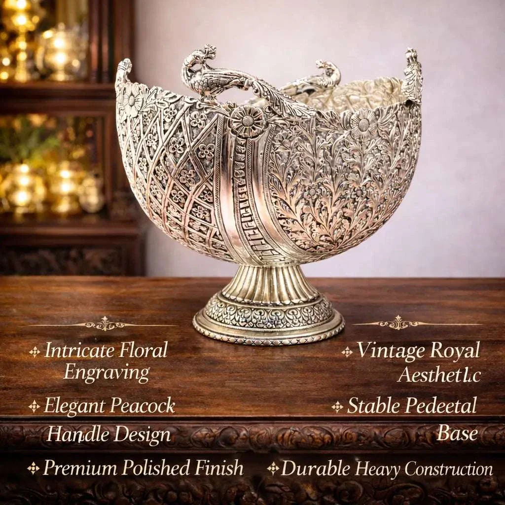 Brass Silver Plated Decorative Basket with Floral Design (10 Inch) - Image 8