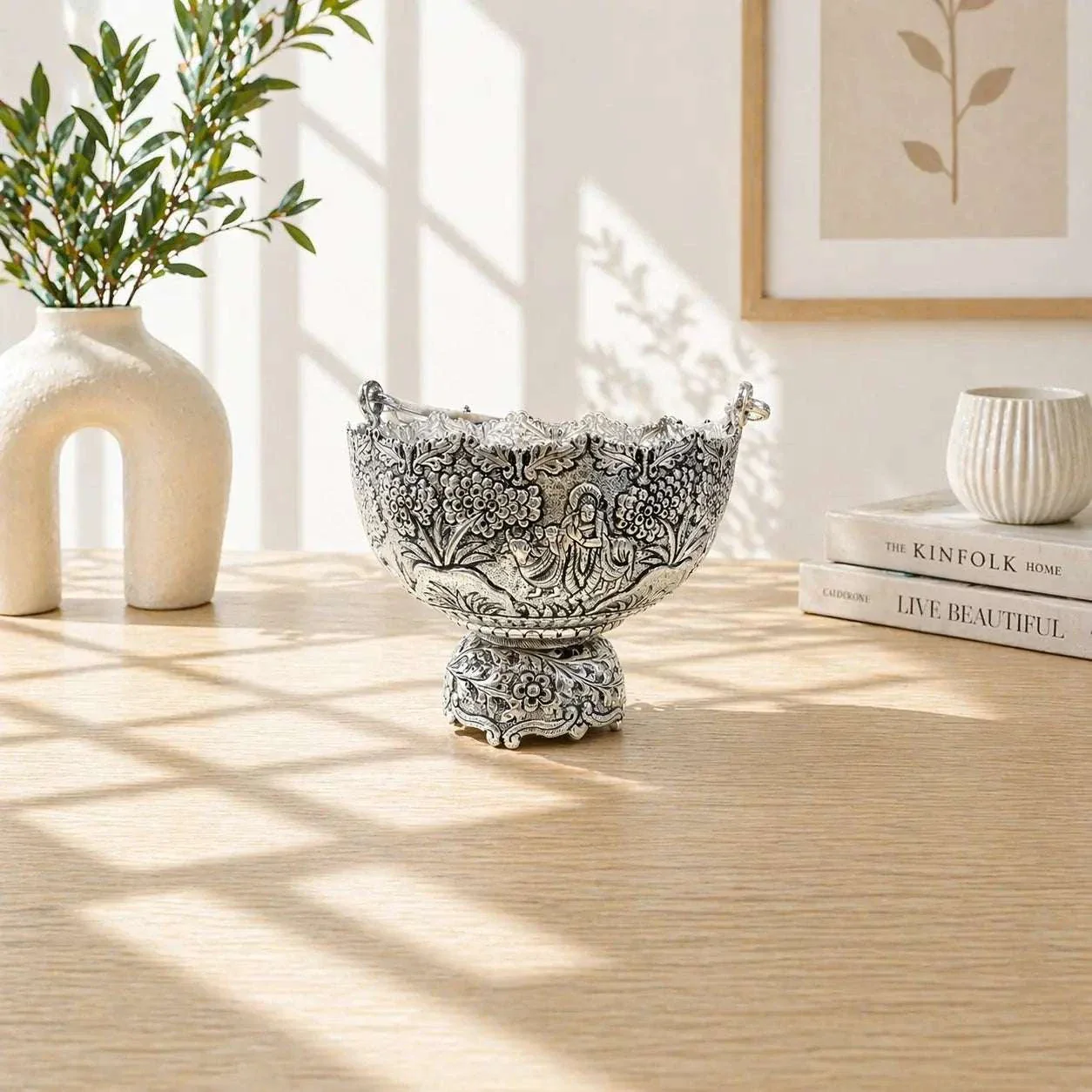 Brass Silver Plated Decorative Basket with Handle (5.5 Inch) - Image 2