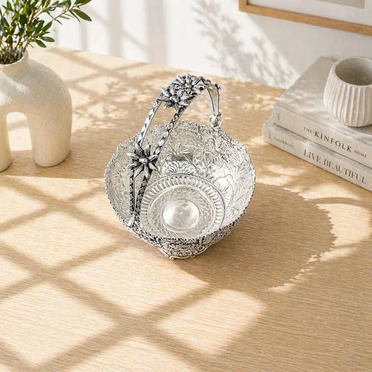 Brass Silver Plated Decorative Basket with Handle (5.5 Inch) - Image 3