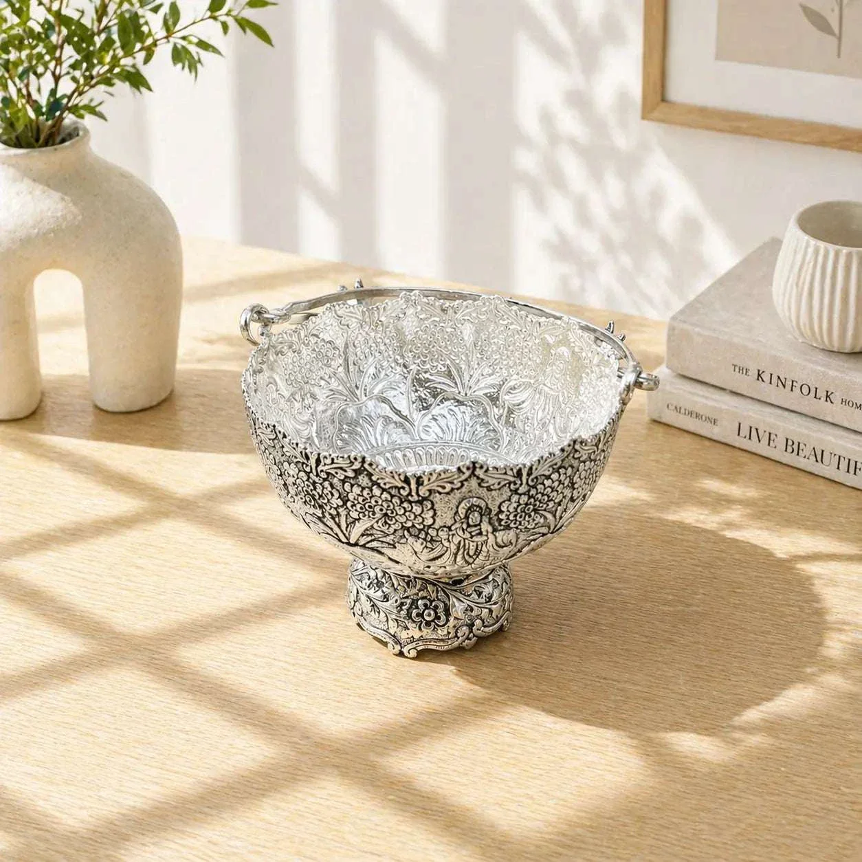 Brass Silver Plated Decorative Basket with Handle (5.5 Inch) - Image 4