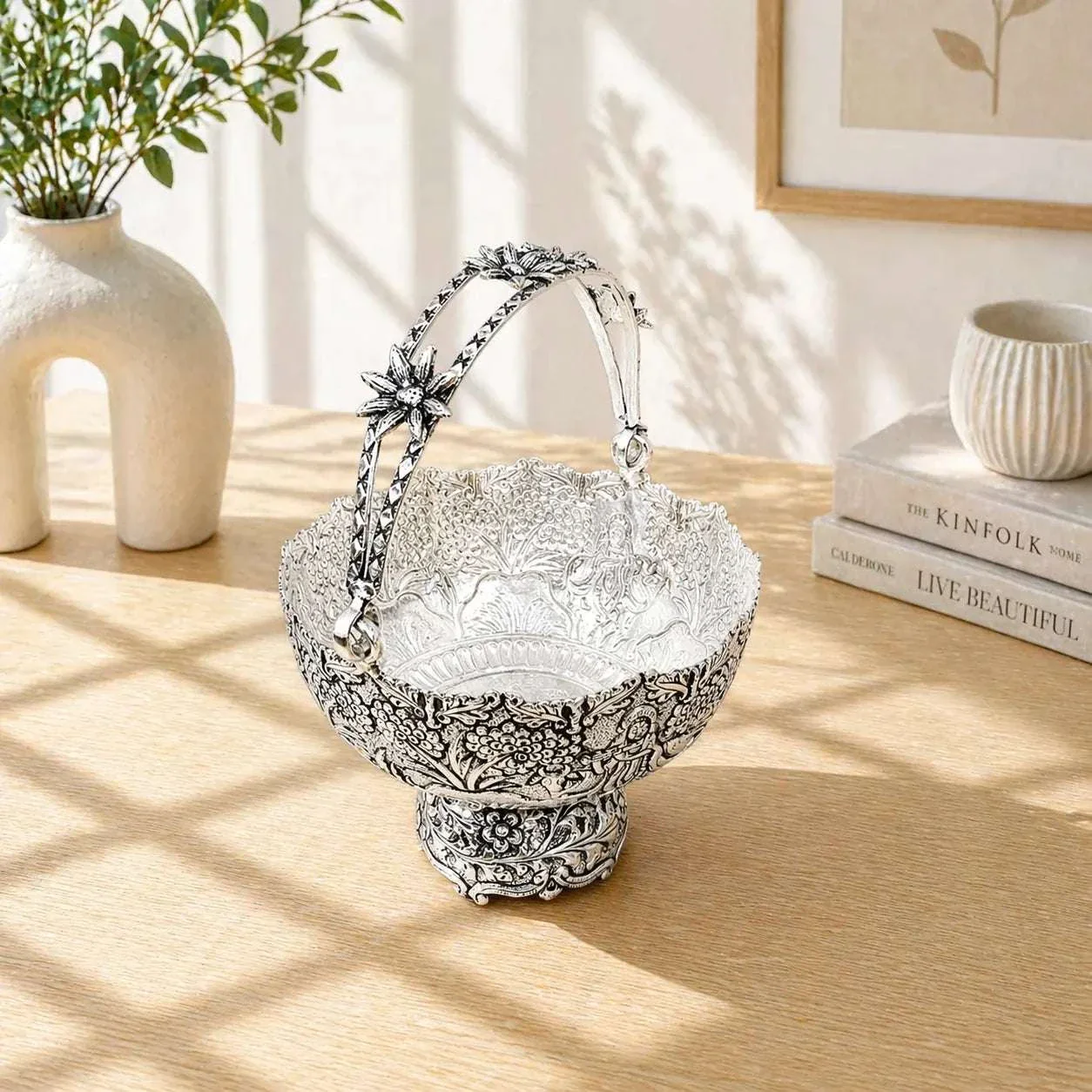 Brass Silver Plated Decorative Basket with Handle (5.5 Inch) - Image 5