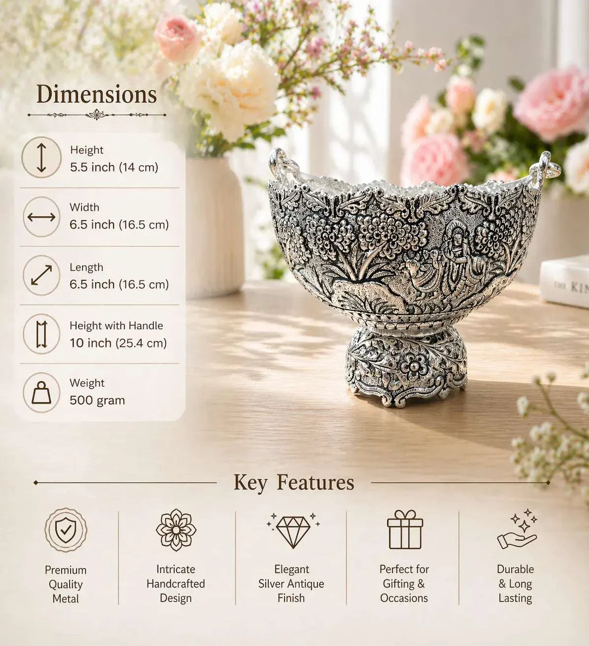 Brass Silver Plated Decorative Basket with Handle (5.5 Inch) - Image 6