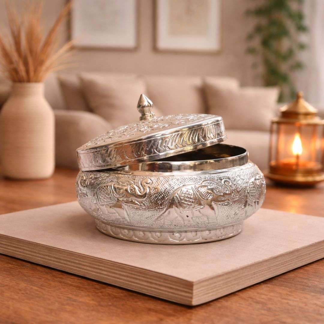 German Silver Storage Container/Supari Box With Lid (3.5 Inch) - Image 2