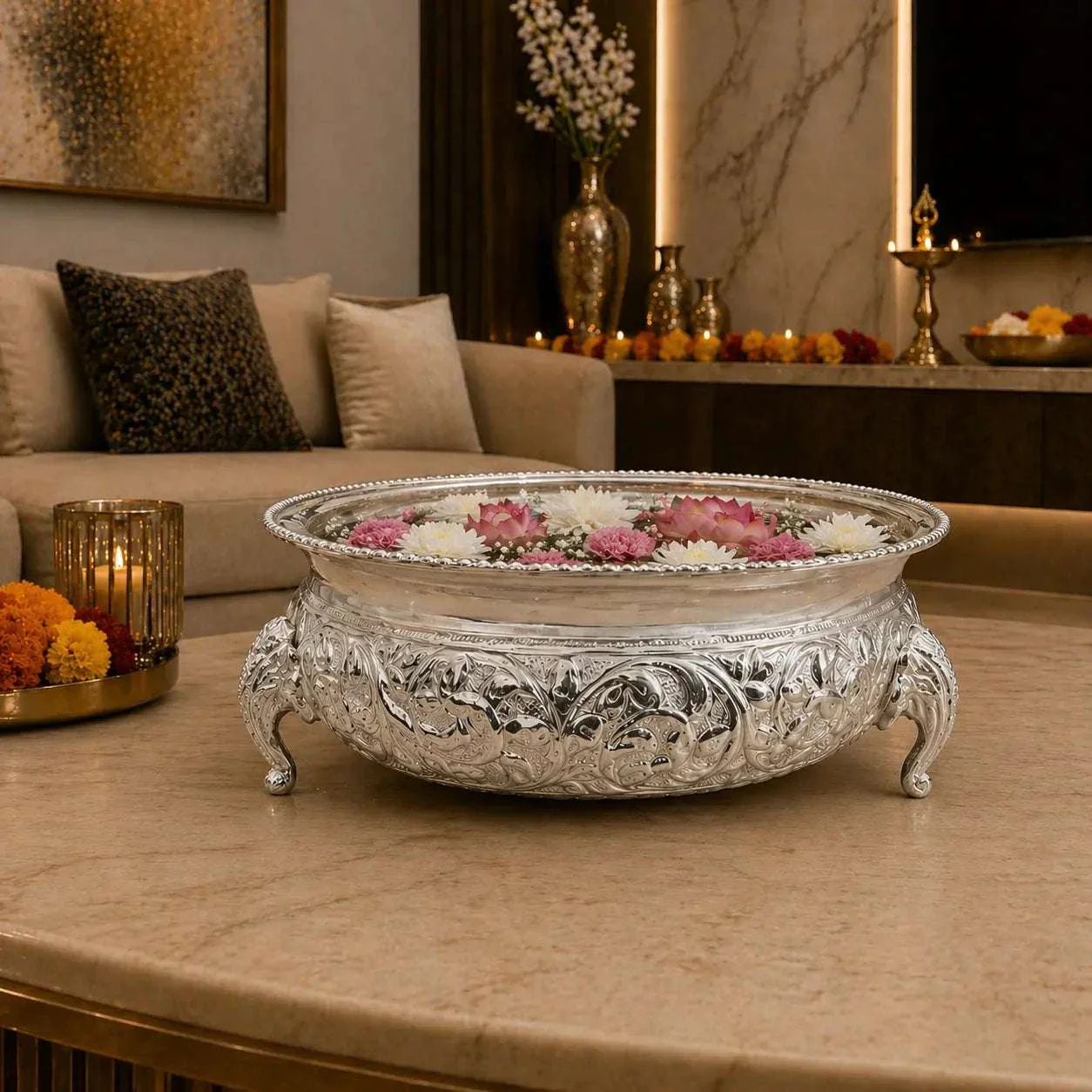 Brass Silver Plated Urli Bowl with Elephant Legs (3.2 Inch)