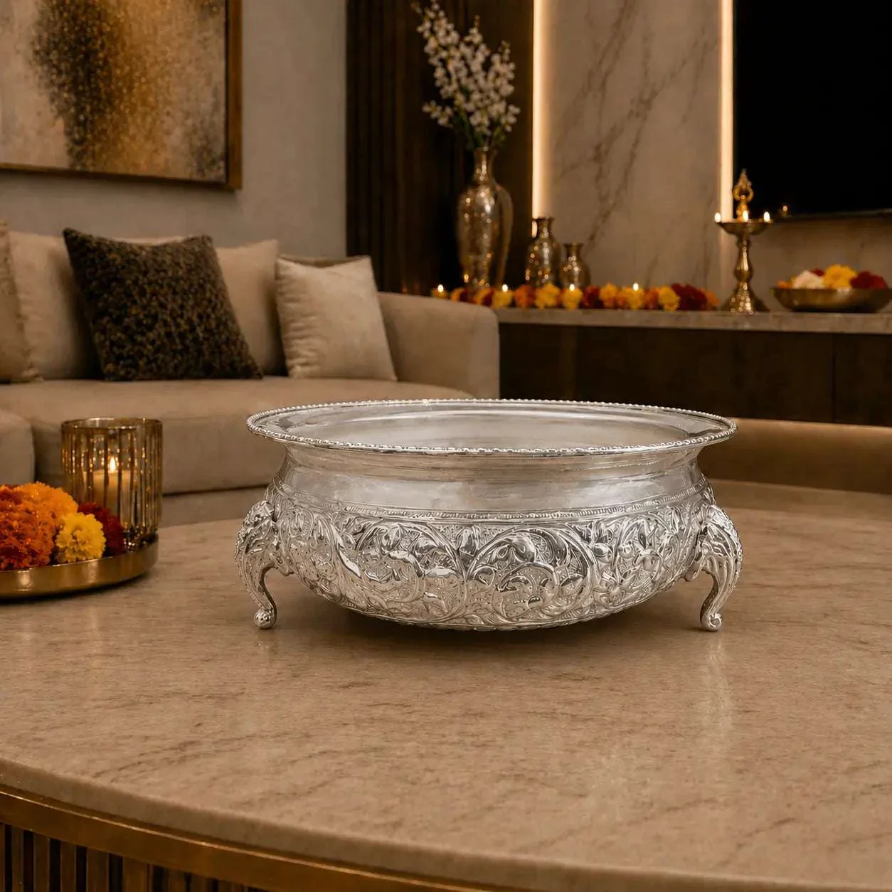Brass Silver Plated Urli Bowl with Elephant Legs (3.2 Inch) - Image 2