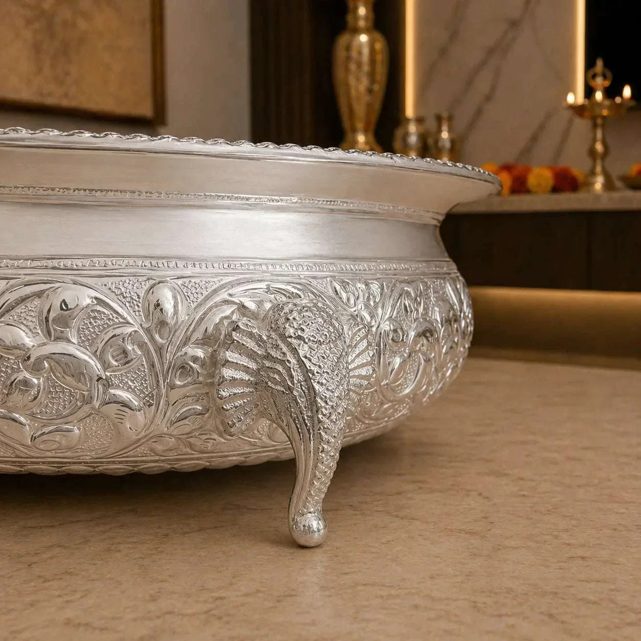 Brass Silver Plated Urli Bowl with Elephant Legs (3.2 Inch) - Image 3
