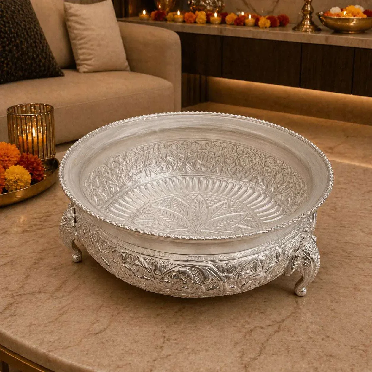Brass Silver Plated Urli Bowl with Elephant Legs (3.2 Inch) - Image 4