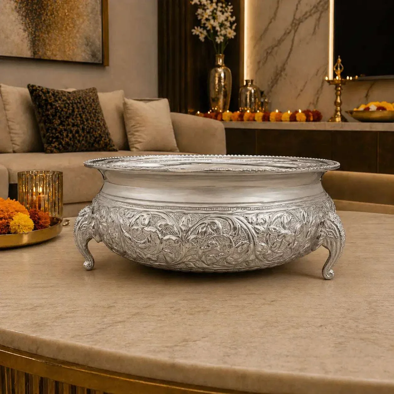 Brass Silver Plated Urli Bowl with Elephant Legs (3.2 Inch) - Image 5
