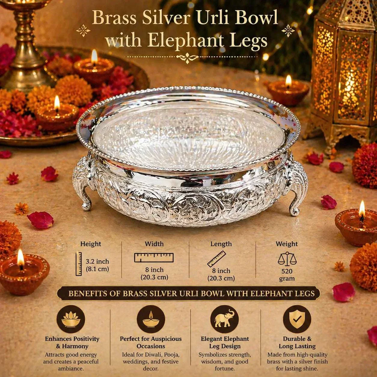 Brass Silver Plated Urli Bowl with Elephant Legs (3.2 Inch) - Image 6