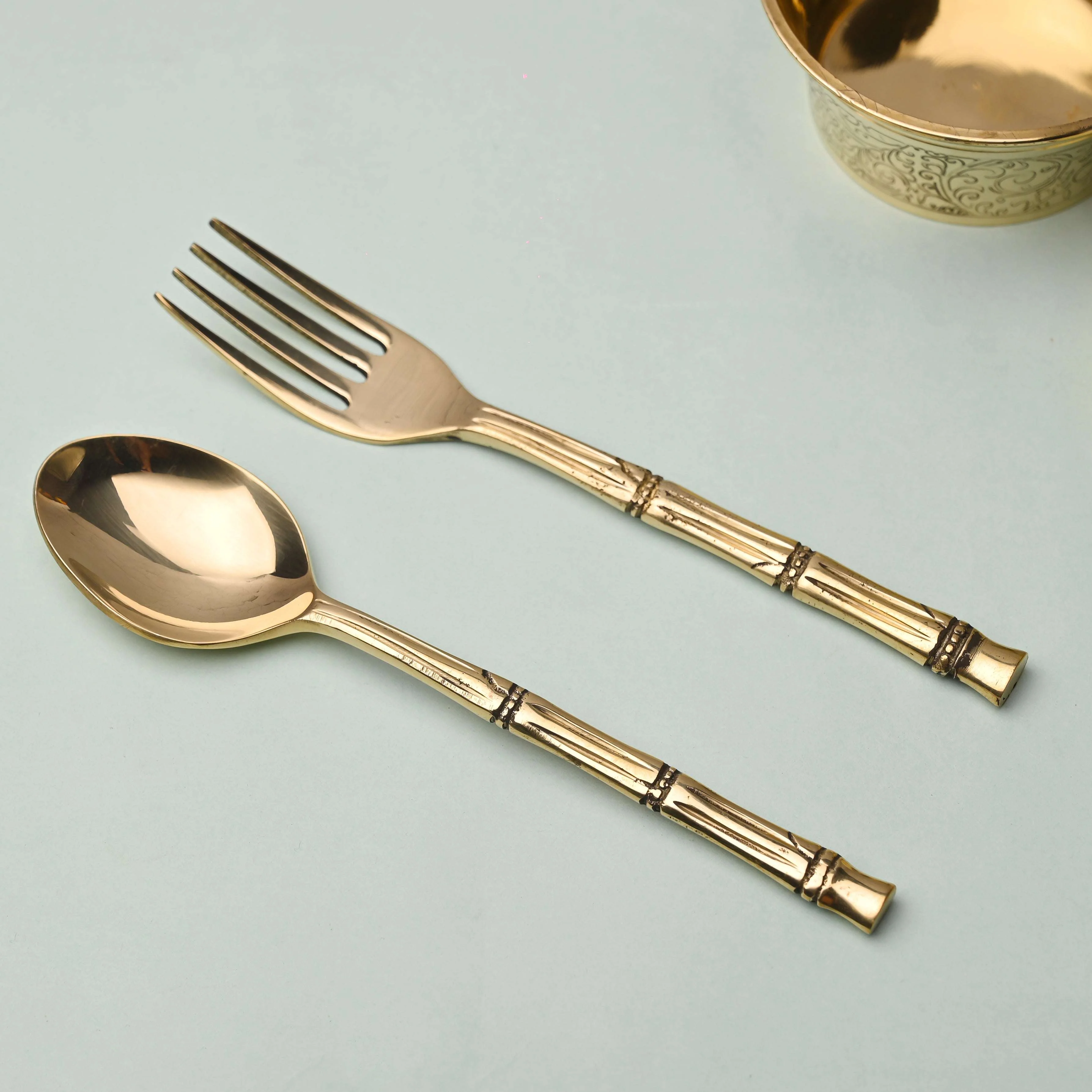 Handcrafted Brass Fork & Spoon Set – Premium Indian Brassware (7.2 Inch) - Image 2