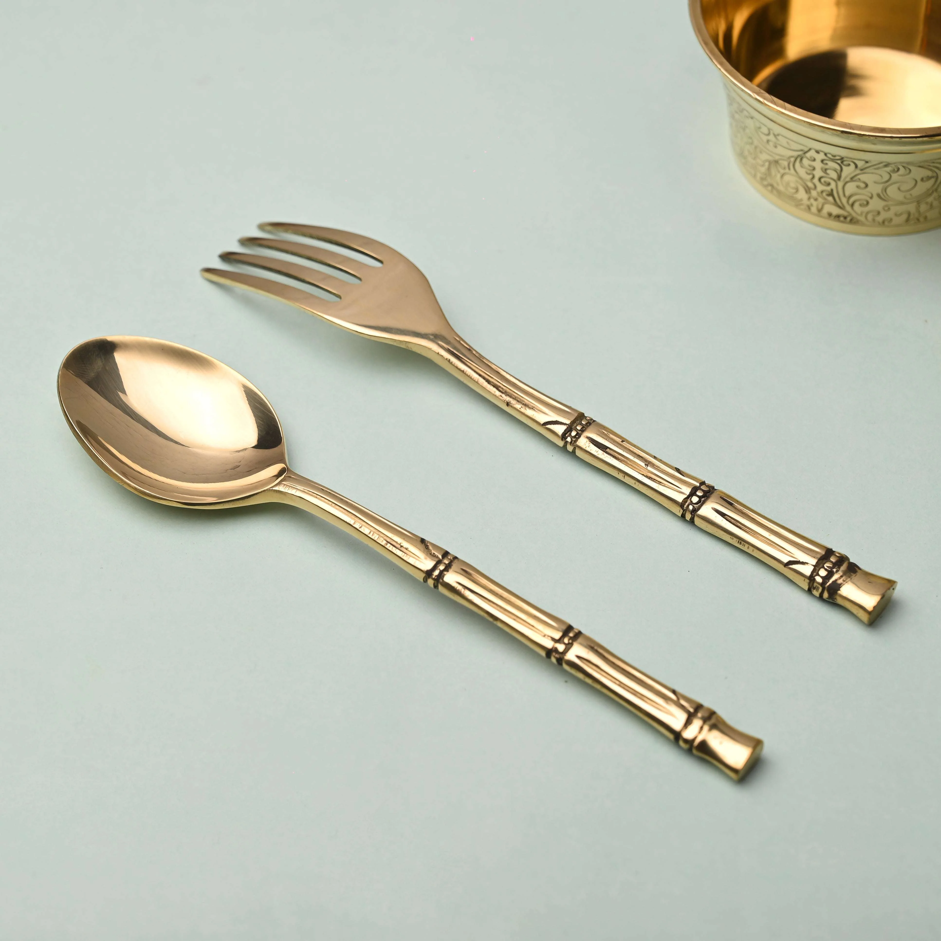 Handcrafted Brass Fork & Spoon Set – Premium Indian Brassware (7.2 Inch) - Image 5
