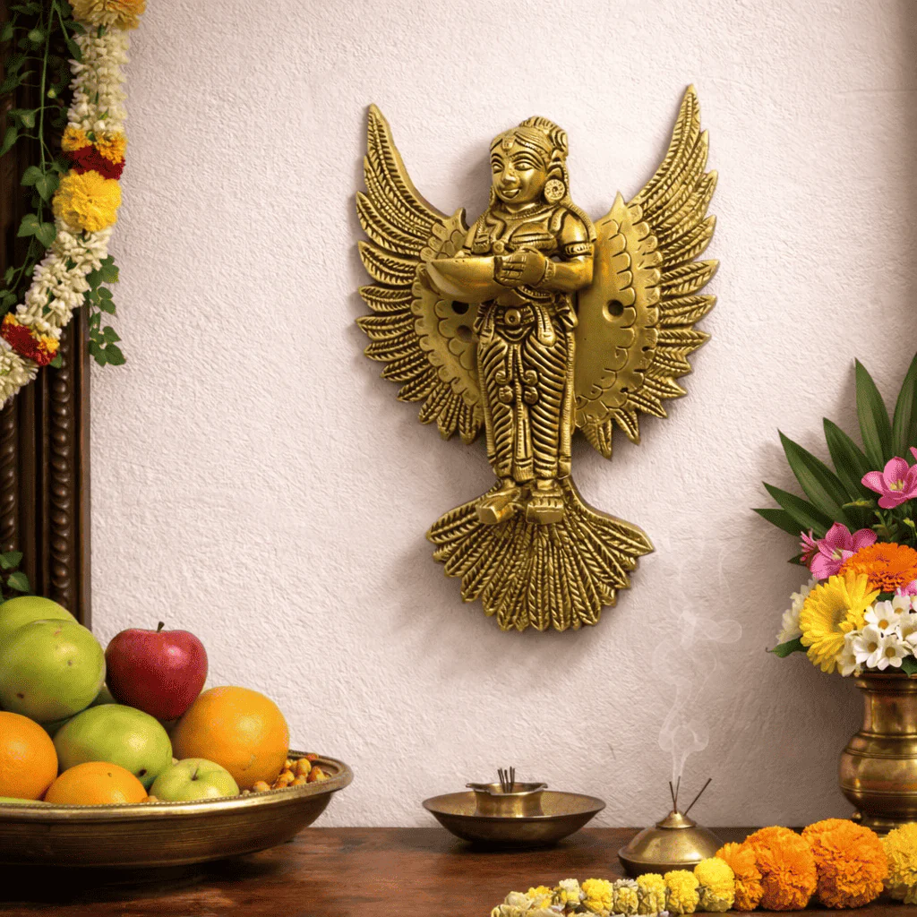 Brass Standing Deep Lakshmi Wall Hanging Idol With Wings (8 Inch) - Image 2