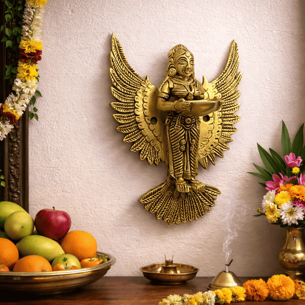 Brass Standing Deep Lakshmi Wall Hanging Idol With Wings (8 Inch) - Image 3
