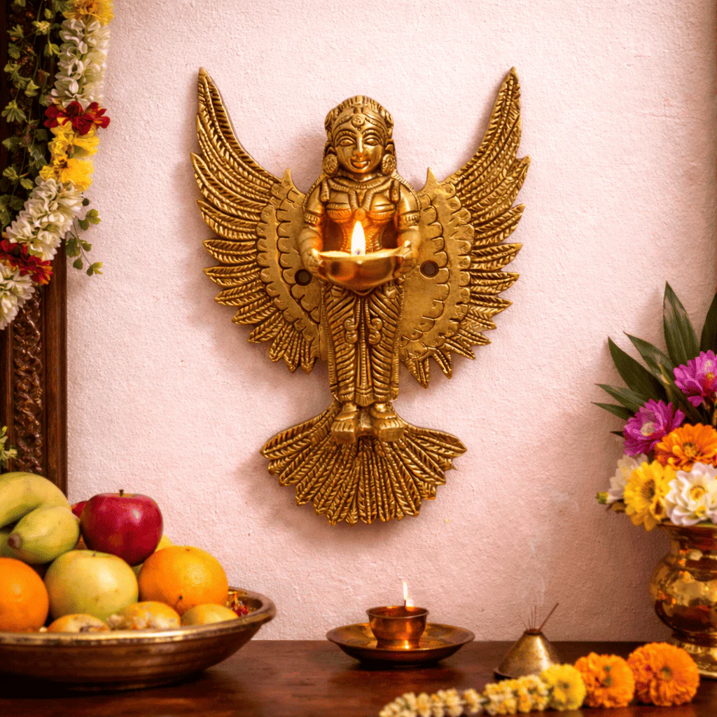 Brass Standing Deep Lakshmi Wall Hanging Idol With Wings (8 Inch) - Image 4