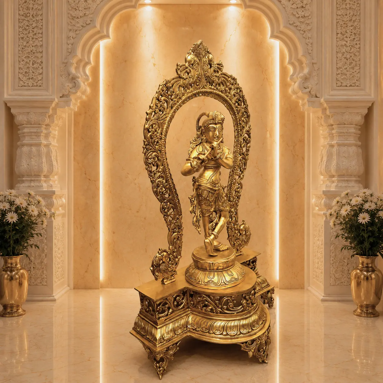 Brass Standing Krishna Idol On Throne / Singhasan (31 Inch) - Image 2